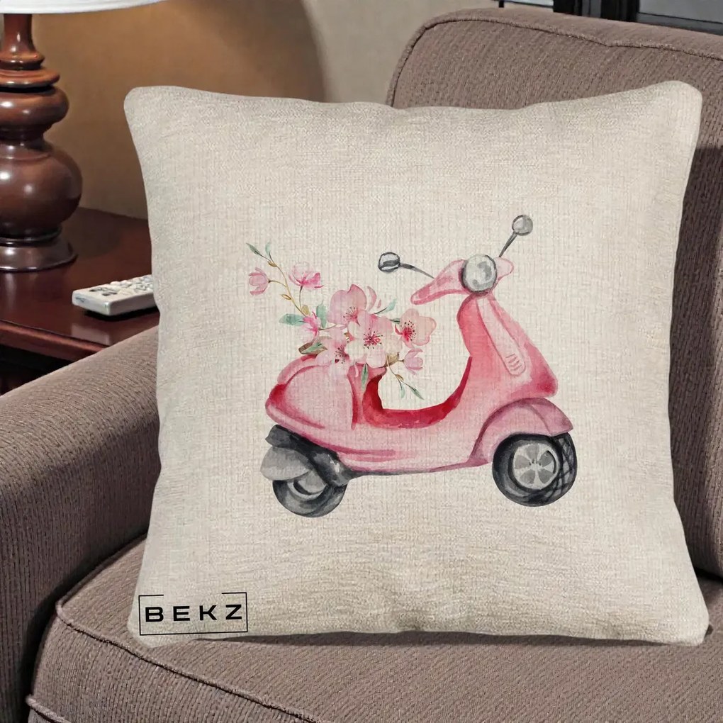 Perna Decorativa Scuter Roz cu Flori Acuarela, 40x40 cm, Bej Canapea, Husa Detasabila, Perna Inclusa, BEKZ®