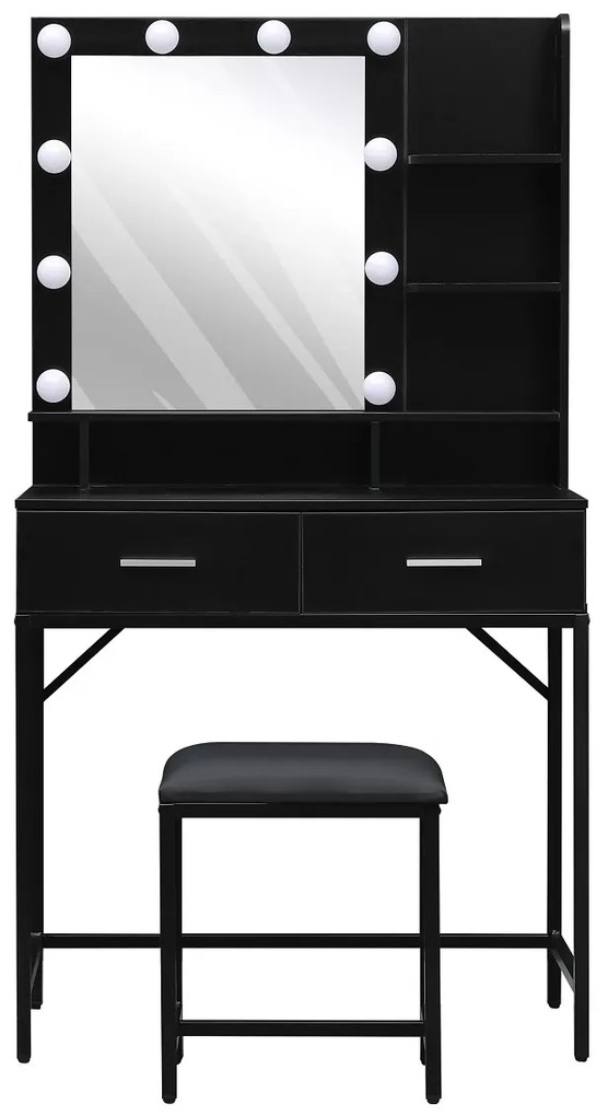 Set ELINORE – Masă de Toaletă pentru Machiaj, Oglinda Iluminata 10 becuri LED, 2 sertare, separatoare, rafturi, scaun, Negru