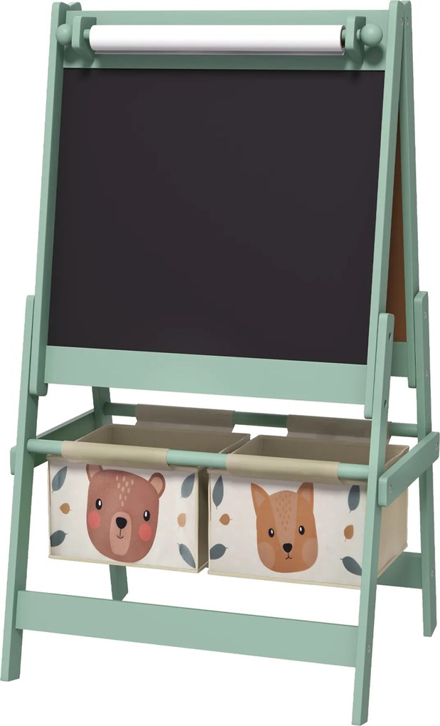 Tablă pentru copii 3 în 1 AIYAPLAY cu 2 containere, șevalet de artă din lemn pentru copii 3-8 ani, 54x46,5x93cm, de culoare verde | Aosom Romania