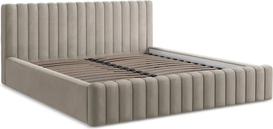 Pat matrimonial taupe tapițat cu spațiu de depozitare cu somieră 140x200 cm Lemi – Makamii