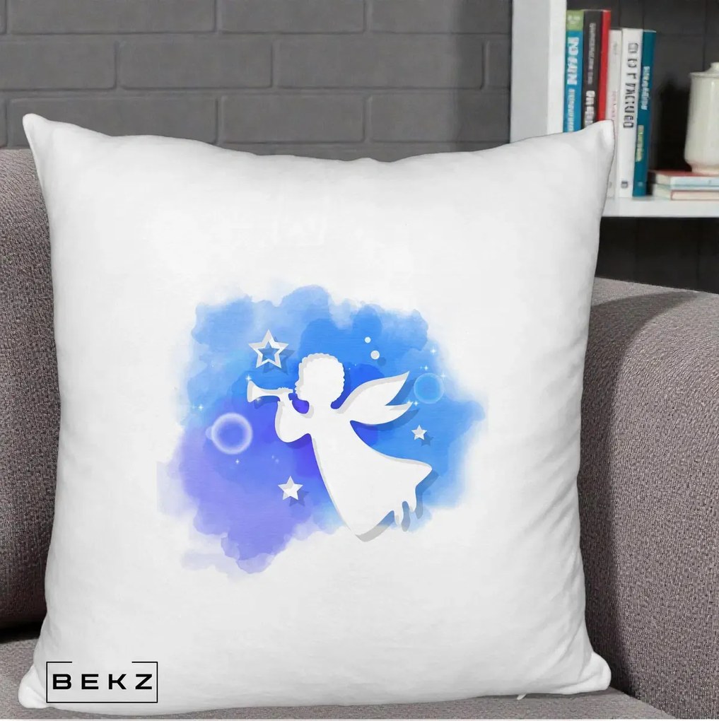 Perna Decorativa Inger cu Trompeta Albastru, 40x40 cm, Alb Pufos, Husa Detasabila, Perna Inclusa, BEKZ®