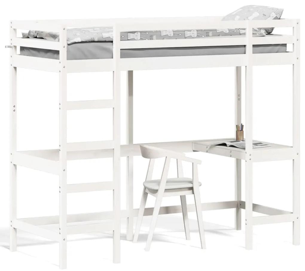 Cadru pat supraetajat cu birou, alb, 75x190 cm, lemn masiv pin