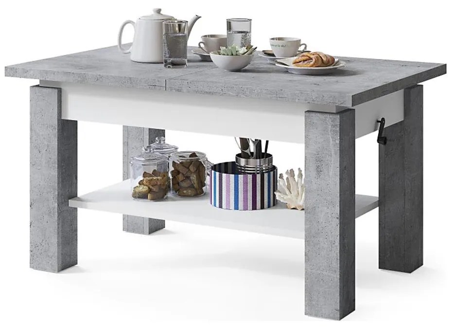 Masă extensibilă ADONIS, pentru living și dining, cu poliță, gri beton/alb