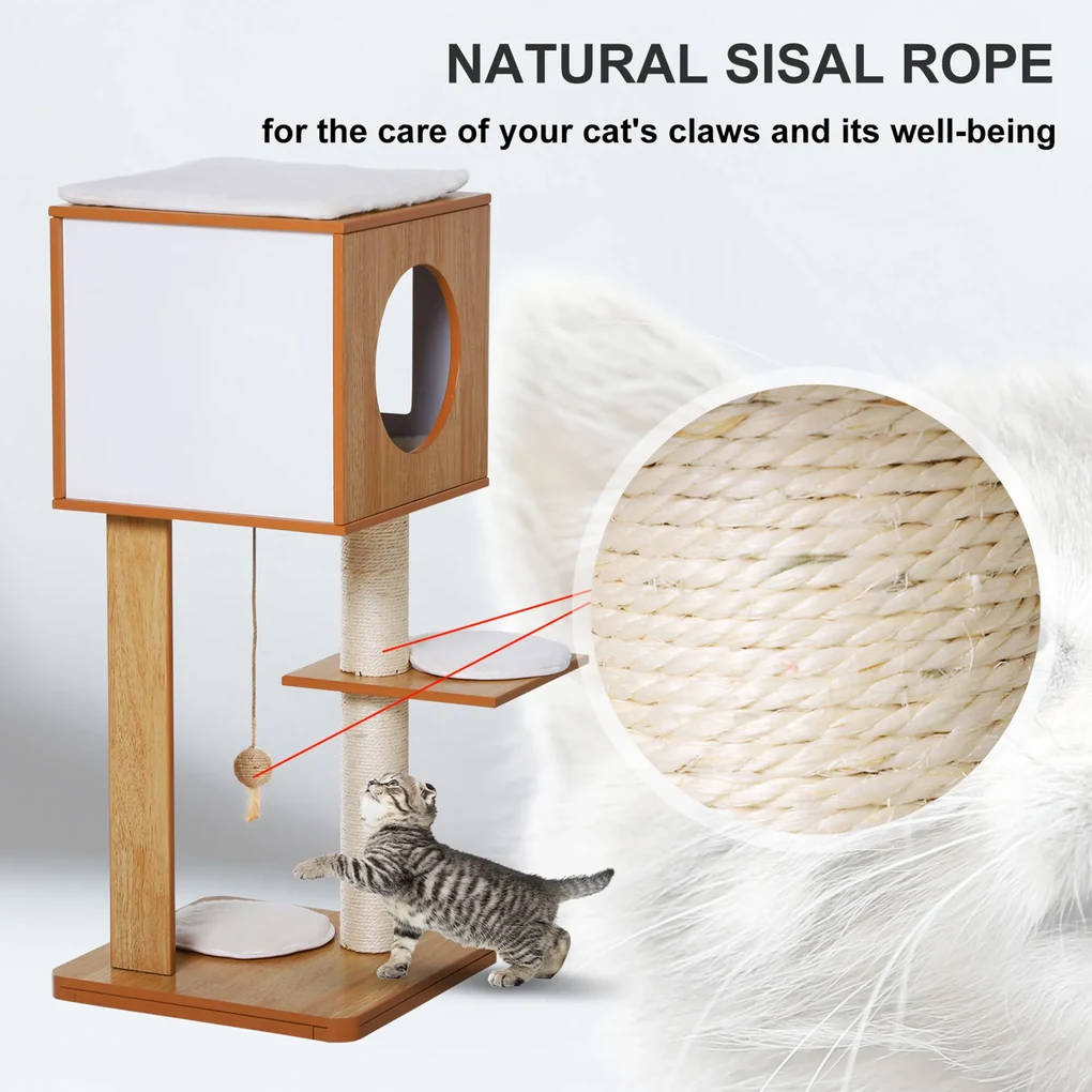 PawHyt Copac pentru Pisici cu 2 Stalpi din Lemn si Sisal si Perne pe 3 Nieluri 50 x 40 x91cm