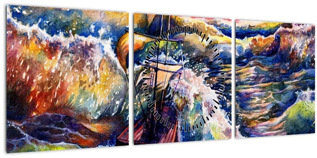 Tablou - Navă pe valurile oceanului, aquarelă (cu ceas) (90x30 cm)