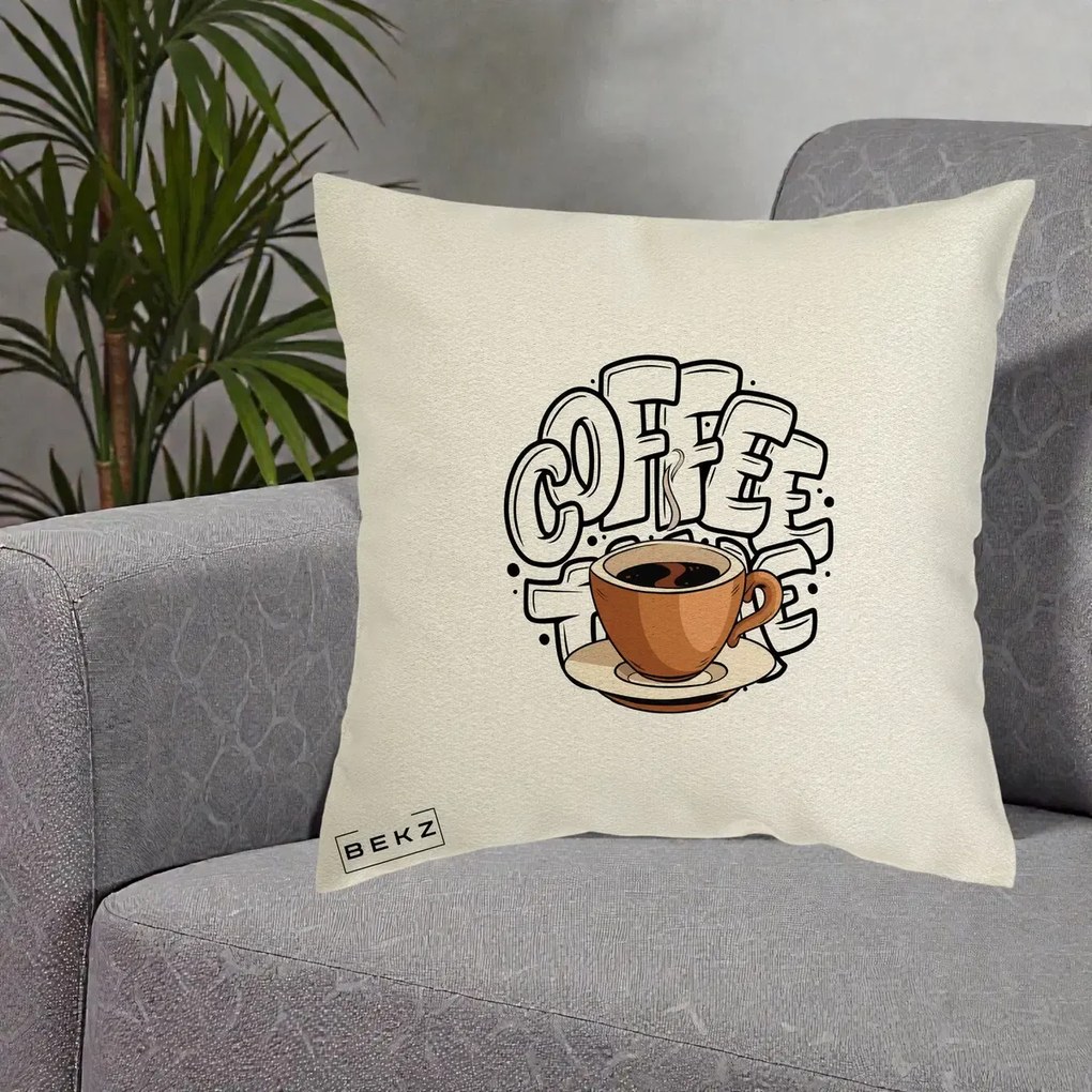 Perna Personalizata COFFEE cu Cana, 40x40 cm, Ecru, Husa Detasabila, Perna Inclusa, BEKZ®