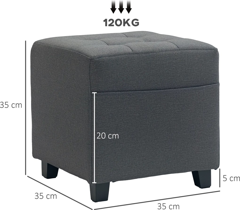 HOMCOM Suport pentru picioare living, ottoman, șezut capitonat în țesătură cu aspect de in cu buzunar lateral, 35 x 35 x 35 cm, gri | Aosom Romania