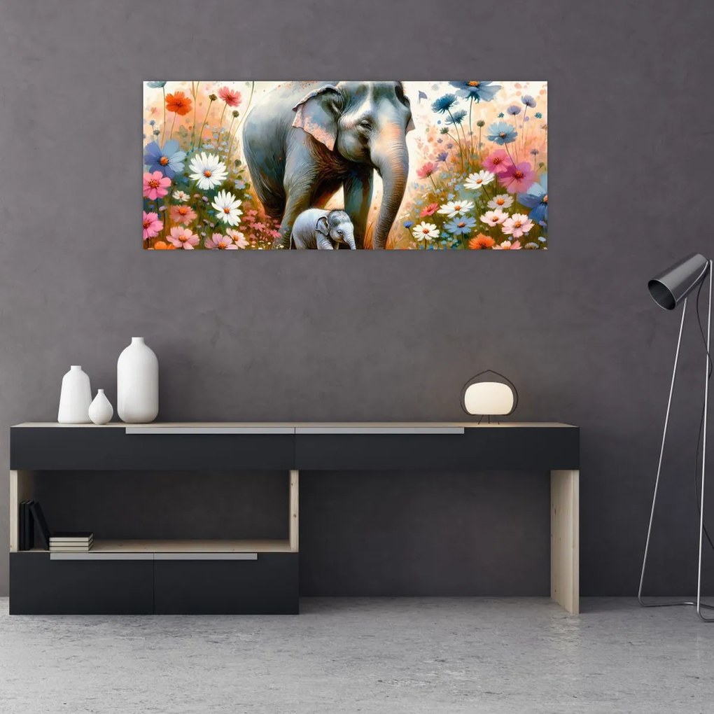 Tablou - Mama elefant, acuarelă (120x50 cm)