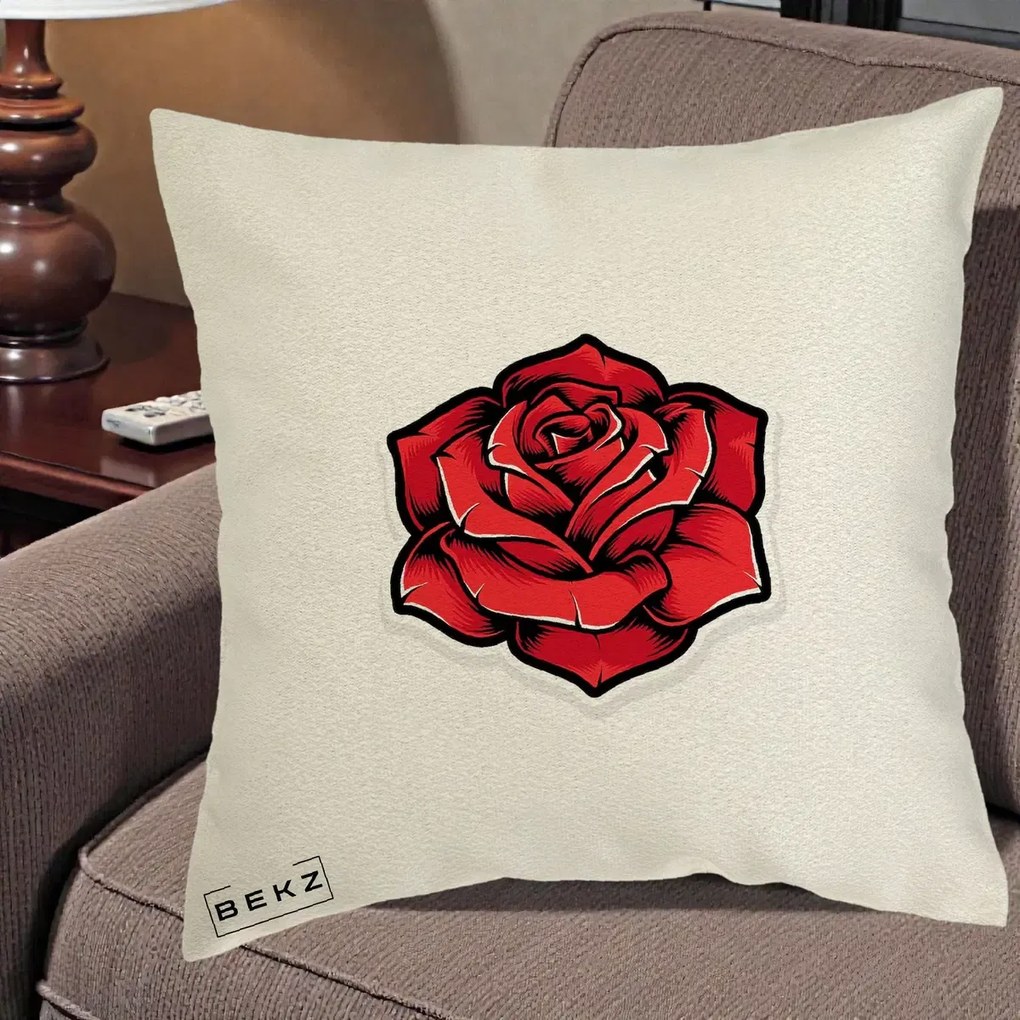 Perna Decorativa Trandafir Rosu Tattoo, 40x40 cm, Ecru, Husa Detasabila, Perna Inclusa, BEKZ®