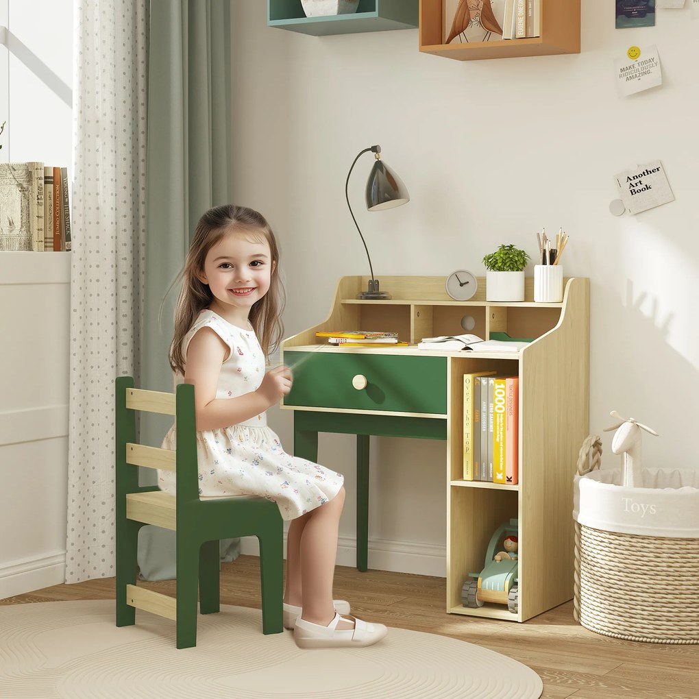 AIYAPLAY Set birou și scaun pentru copil cu rafturi de depozitare și sertar, mobilier pentru copii de la 3 la 10 ani, verde | Aosom Romania