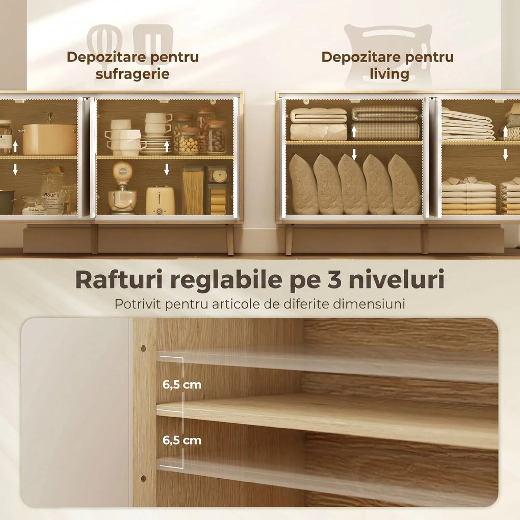 HOMCOM Bufet Modern cu 4 Uși și Raft Reglabil 141x35x77cm Alb și Stejar | Aosom Romania