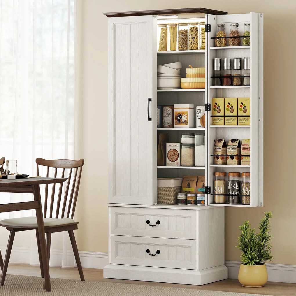 HOMCOM Bufet înalt bucătărie, dulap de bucătărie, LED cu senzor, 2 uși, sertare și rafturi reglabile, 76x39,5x183cm, alb | Aosom Romania
