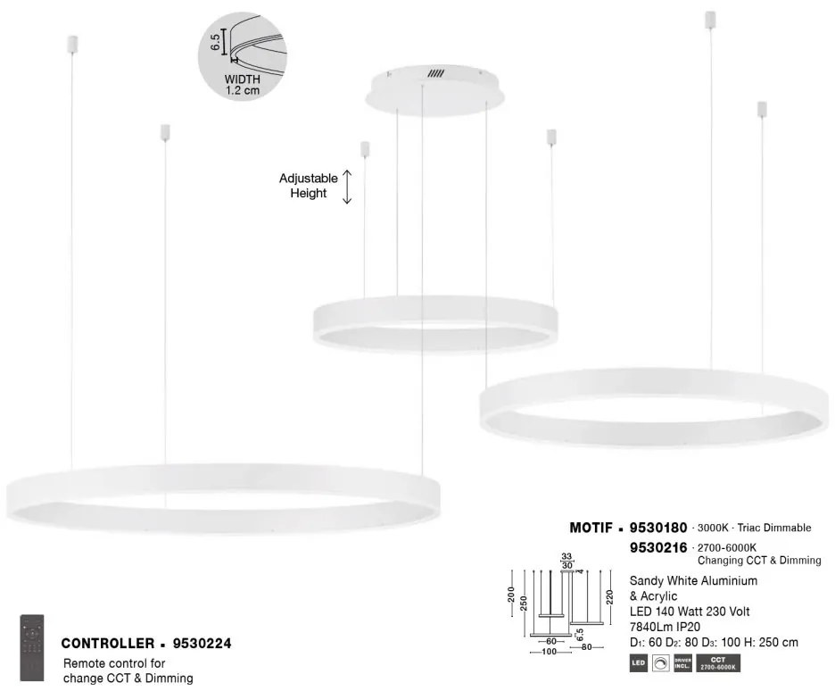 Lustra LED dimabila design circular MOTIF 3 ring alb
