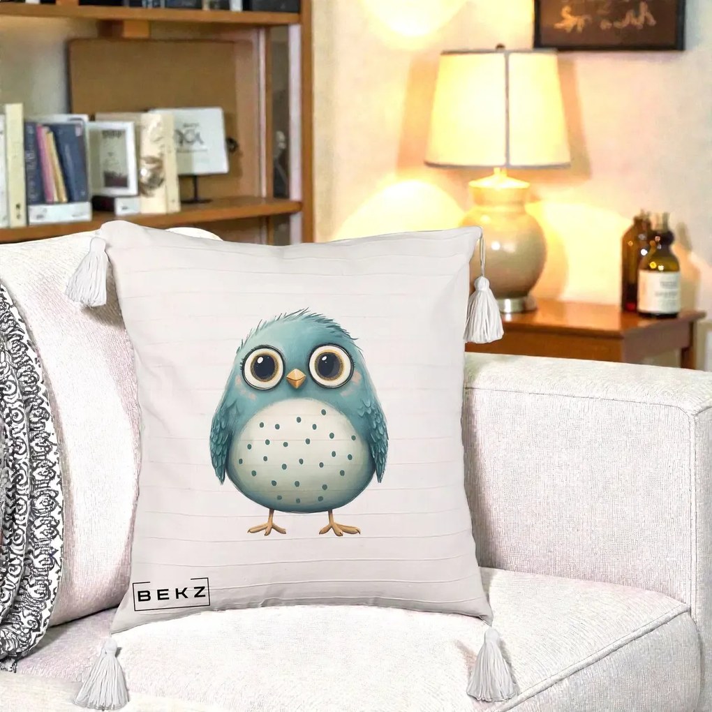 Perna Decorativa Pasare Teal cu Buline Teal, 40x40 cm, Bej cu Franjuri, Husa Detasabila, Perna Inclusa, BEKZ®