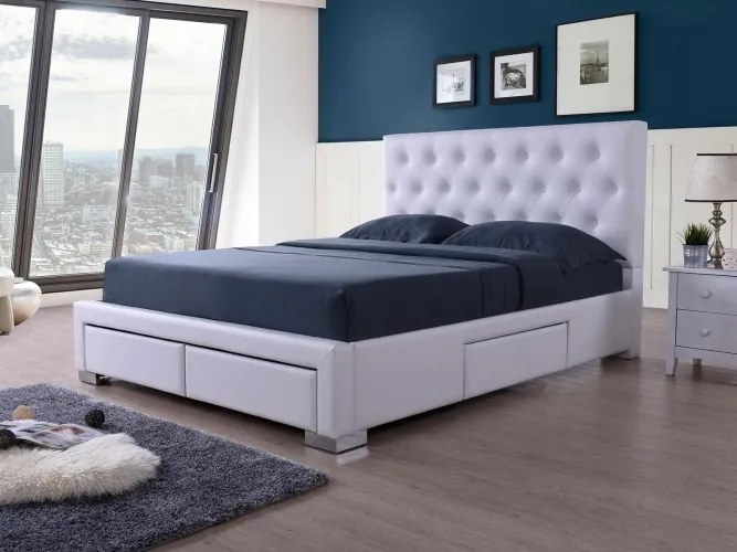 Pat tapitat cu piele ecologica cu 4 sertare Lucas White + Lenjerie Bonus