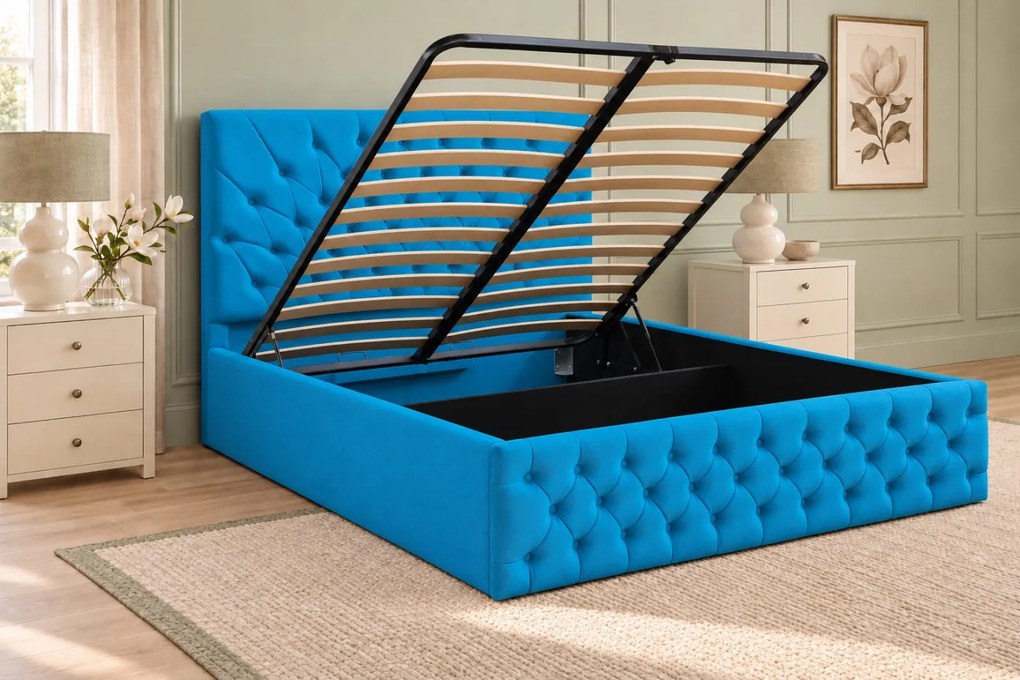 Pat tapițat Chesterfield din catifea Venezia 160×200 cm, albastru deschis, cu ladă de depozitare