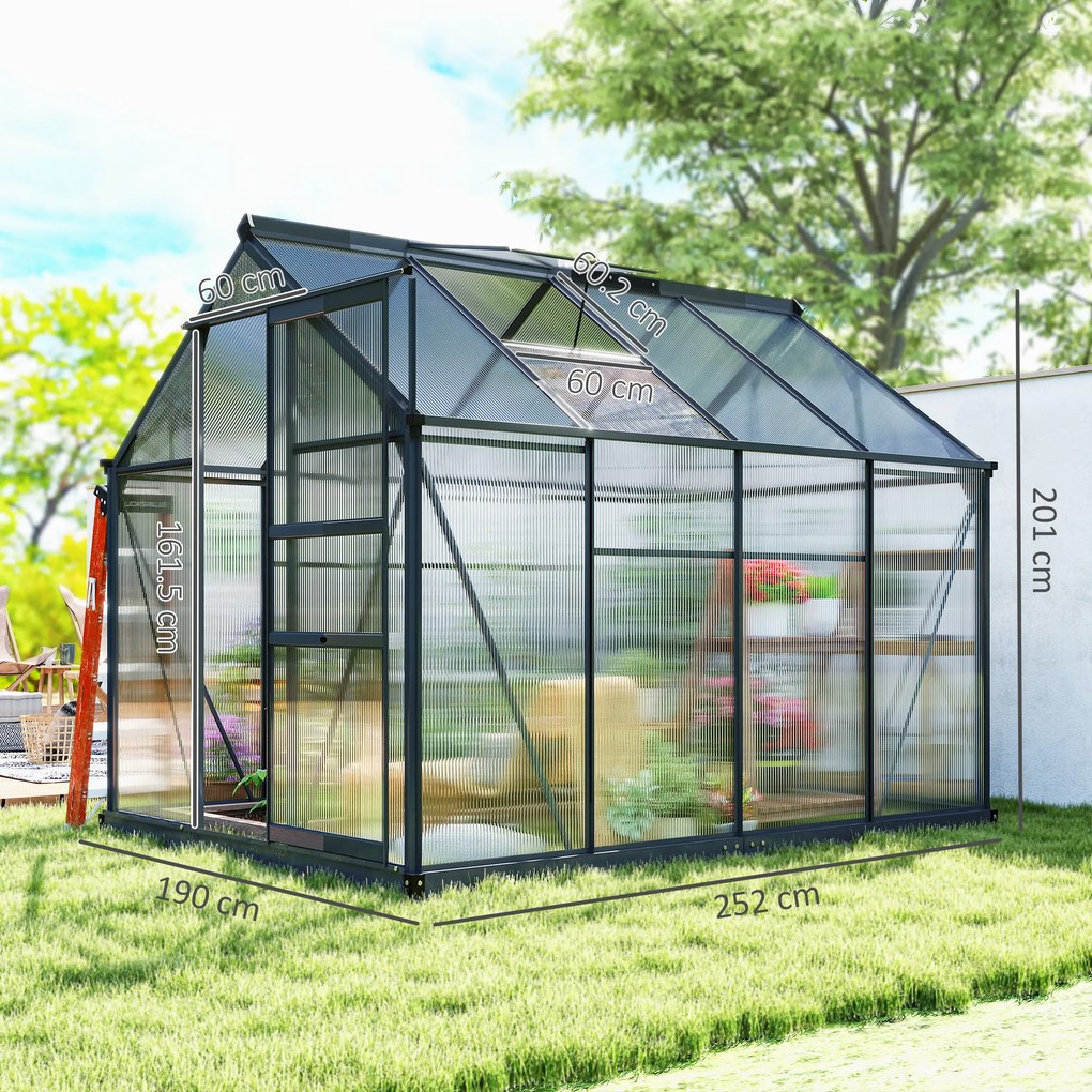 Outsunny Seră de Grădină, Seră din Policarbonat și Aluminiu cu Ușă Culisantă, Ventilație pe Acoperiș și Jgheab, 190x192x201 cm, Gri | Aosom Romania