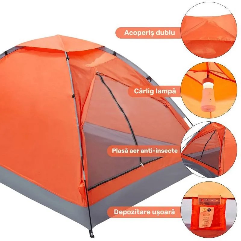 Cort camping (200 x 140 x 100 cm), Spațiu 2 Persoane, cu Fixare anti-vânt, Material impermeabil (Oxford), Acoperiș dublu, Plasă anti-insecte și Protecție solară (UPF50+)