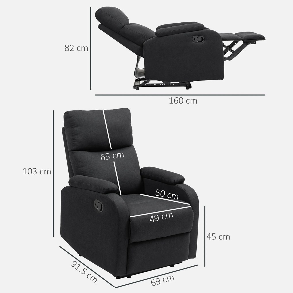 HOMCOM Fotoliu Recliner din In cu Suport Reglabil pentru Picioare, 69x91,5x103 cm, Negru | Aosom Romania