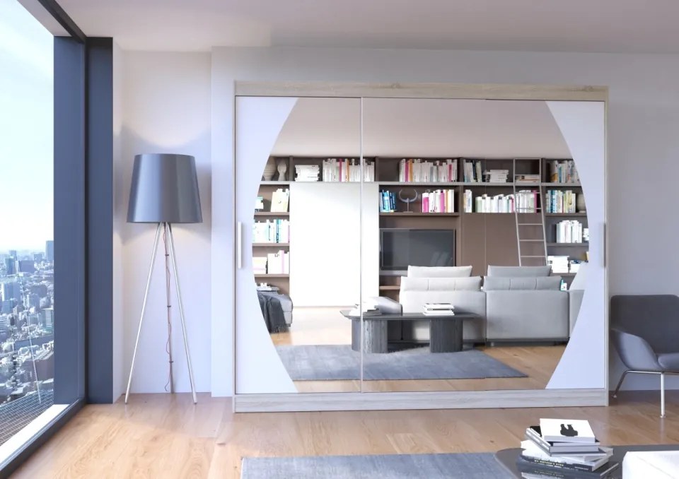 Dulap cu usi glisante si oglinda 250x215 cm, Cambe, ADRK Furniture (Culoare: Sonoma / Alb)