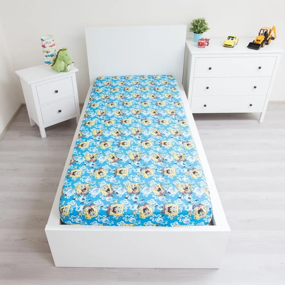 Cearceaf pentru copii albastru din bumbac cu elastic 90x200 cm Sponge Bob "Blue" – Jerry Fabrics