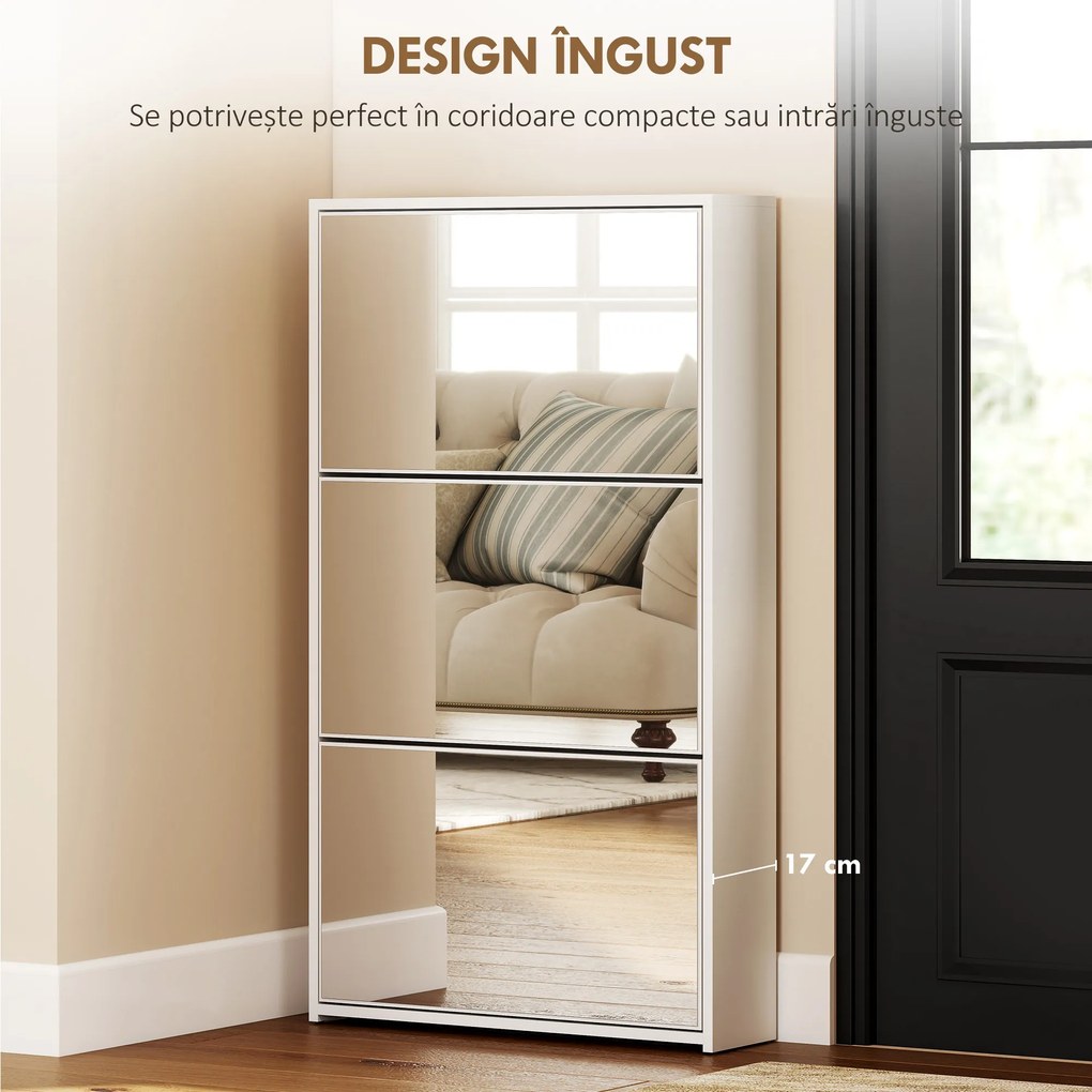 HOMCOM Dulap de Pantofi cu Oglindă și 3 Sertare Rabatabile 65x17x114.5 cm Alb | Aosom Romania