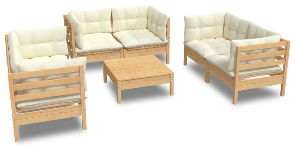 Set mobilier gradina cu perne crem, 7 piese, lemn masiv de pin maro si crem, 1
