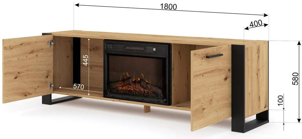 Masă TV cu șemineu Nulakka (Stejar artisan + Negru). 1124968