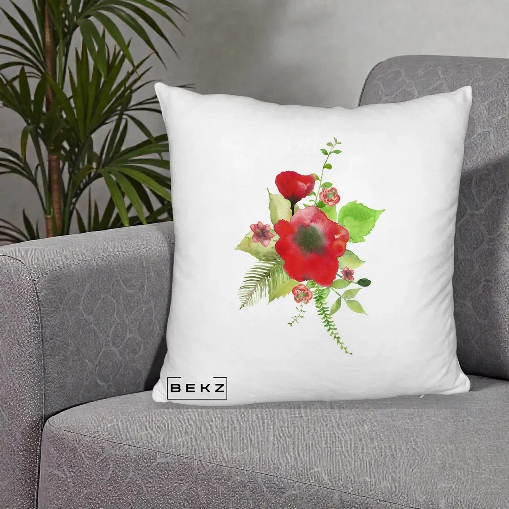 Perna Decorativa Buchet Rosu Acuarela, 40x40 cm, Alb Pufos, Husa Detasabila, Perna Inclusa, BEKZ®