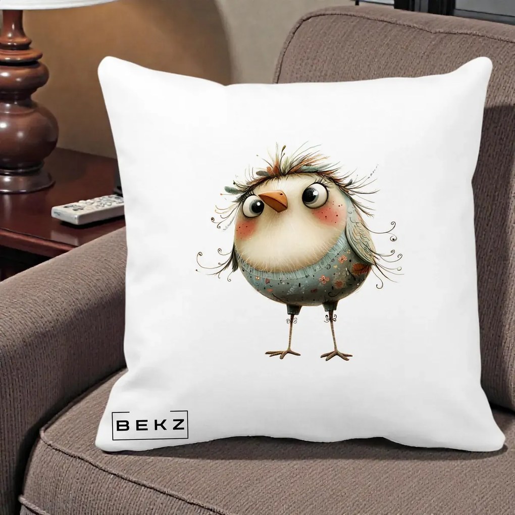 Perna Decorativa Pasare cu Penaj Zbarlit si Gene, 40x40 cm, Alba Mata, Husa Detasabila, Perna Inclusa, BEKZ®