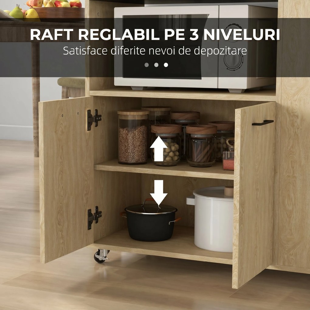 Cărucior de bucătărie din PAL cu raft deschis, dulap cu 2 uși și poliță laterală cu 2 niveluri, 75x40x80,5cm stejar și negru HOMCOM | Aosom Romania