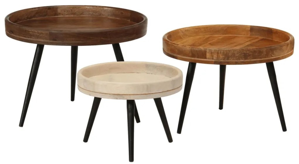 vidaXL Măsuțe de cafea rotunde, 3 buc., lemn masiv de mango