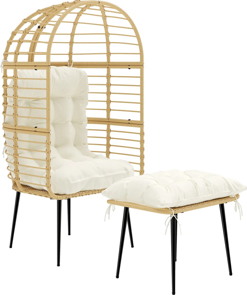 Outsunny Fotoliu de grădină cu taburet PE-Rattan, fotoliu în formă de ou cu perne lungi &amp; groase, cadru metalic Bej | Aosom Romania