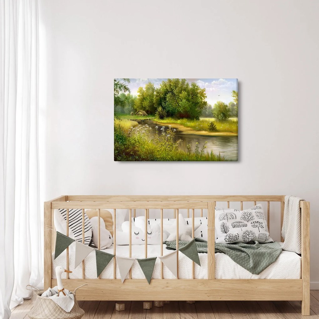 Tablou - Râu lângă pădure, pictură în ulei (90x60 cm)