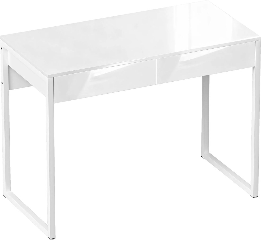 HOMCOM Birou Modern cu 2 Sertare și Picioare din Oțel, 100x50x75 cm, Alb Lucios | Aosom Romania