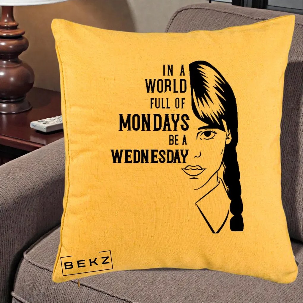 Perna Personalizata Wednesday Be a Wednesday, 40x40 cm, Galben, Husa Detasabila, Perna Inclusa, BEKZ®