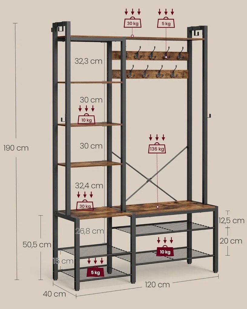 CUII17 - Cuier industrial 120 cm, pentru haine, chei, hol, rafturi pantofi, pantofar, bancuta - Maro - Negru sau Alb