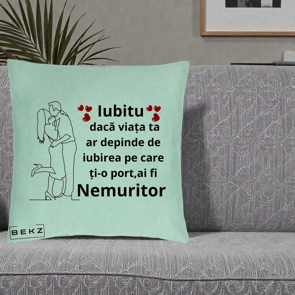 Cadou pentru Iubit - Perna Personalizata Iubitu Nemuritor cu Cuplu Line-Art si Inimi Rosii, 40x40 cm, Verde Menta, Husa Detasabila, Perna Inclusa, BEKZ®