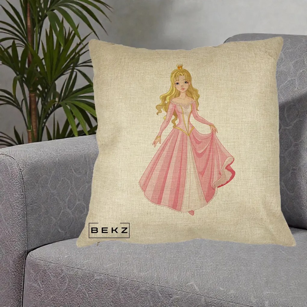 Perna Decorativa Printesa Aurora Rochie Roz, 40x40 cm, Crem, Husa Detasabila, Perna Inclusa, BEKZ®