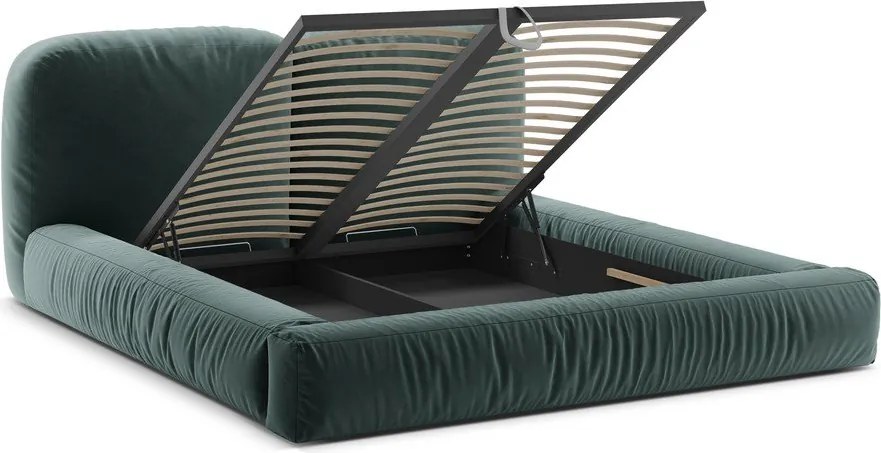 Pat matrimonial petrol tapițat cu spațiu de depozitare cu somieră 200x200 cm Martina – Micadoni