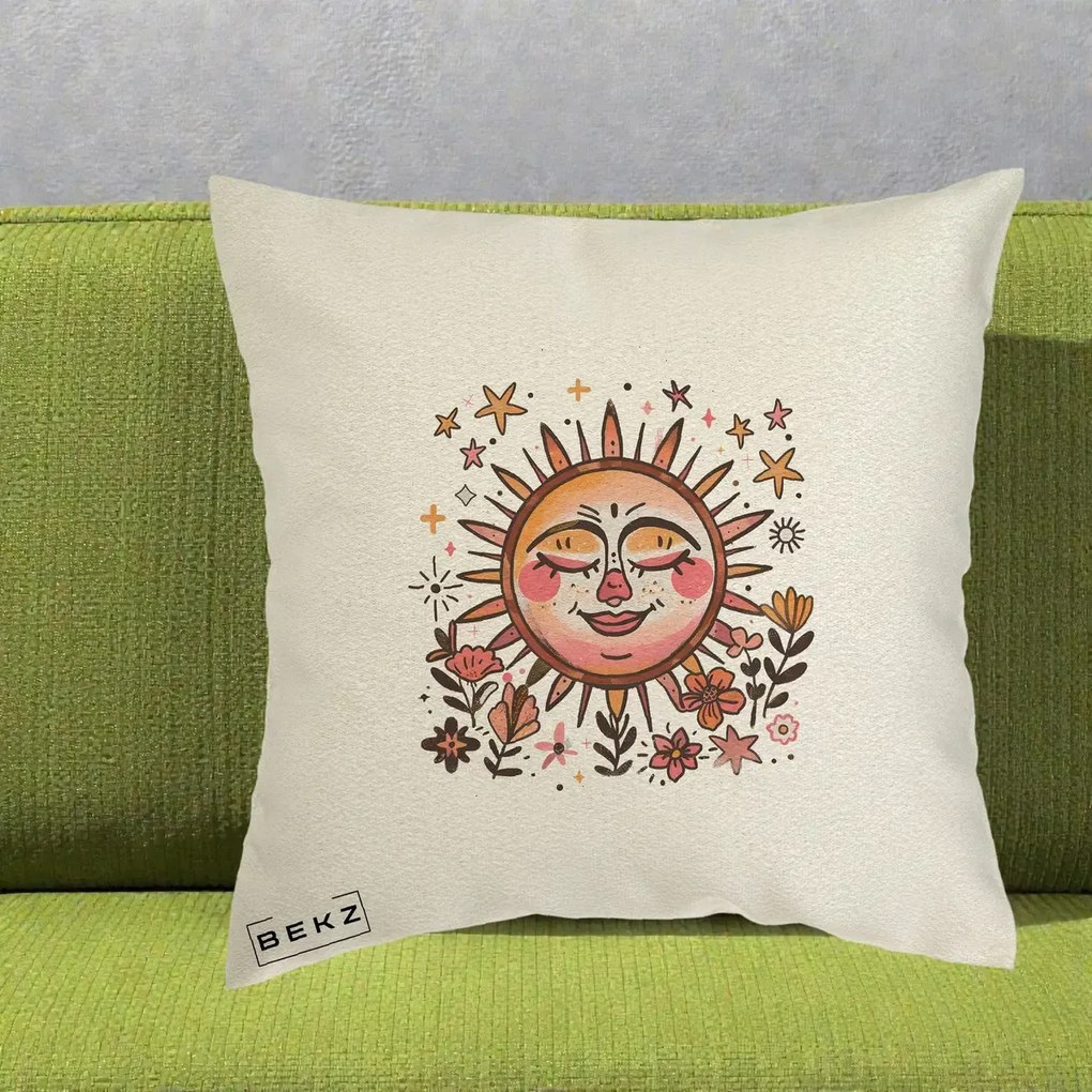 Perna Decorativa Soare Retro Boho Floral, 40x40 cm, Ecru, Husa Detasabila, Perna Inclusa, BEKZ®