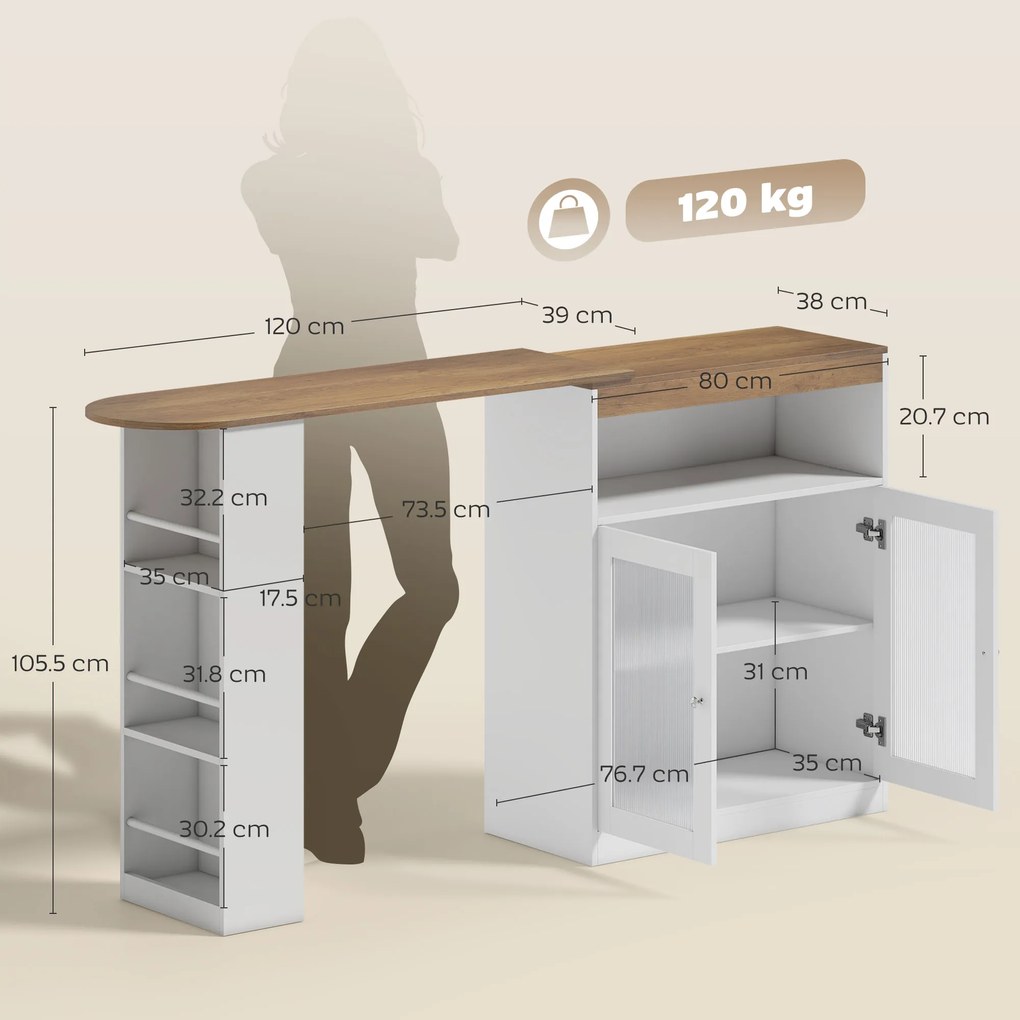 HOMCOM Masă de Bar Extensibilă și Rotativă 360° cu Rafturi Deschise și 2 Uși din Sticlă 150x80x105,5 cm Alb și Lemn Natural | Aosom Romania