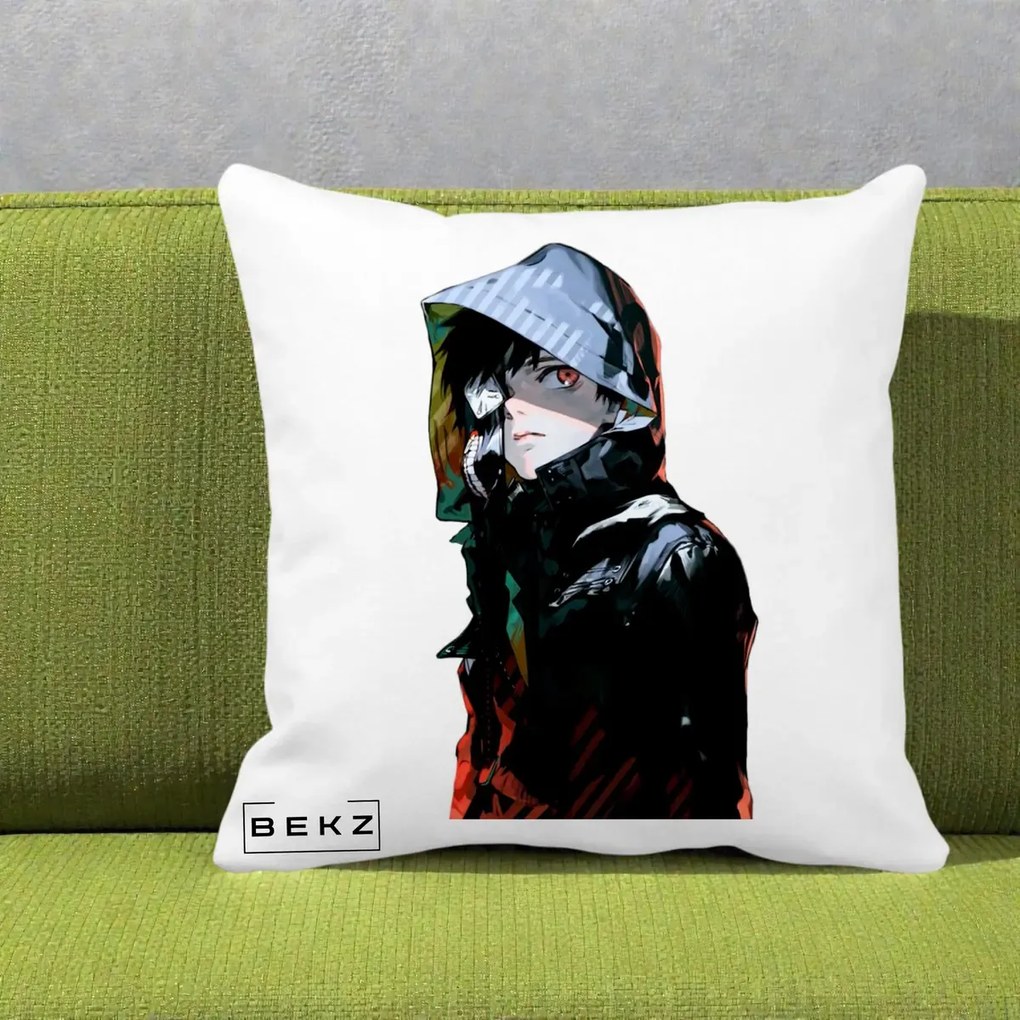 Perna Personalizata Tokyo Ghoul Ken Kaneki cu Masca si Gluga, 40x40 cm, Alba Mata, Husa Detasabila, Perna Inclusa, BEKZ®