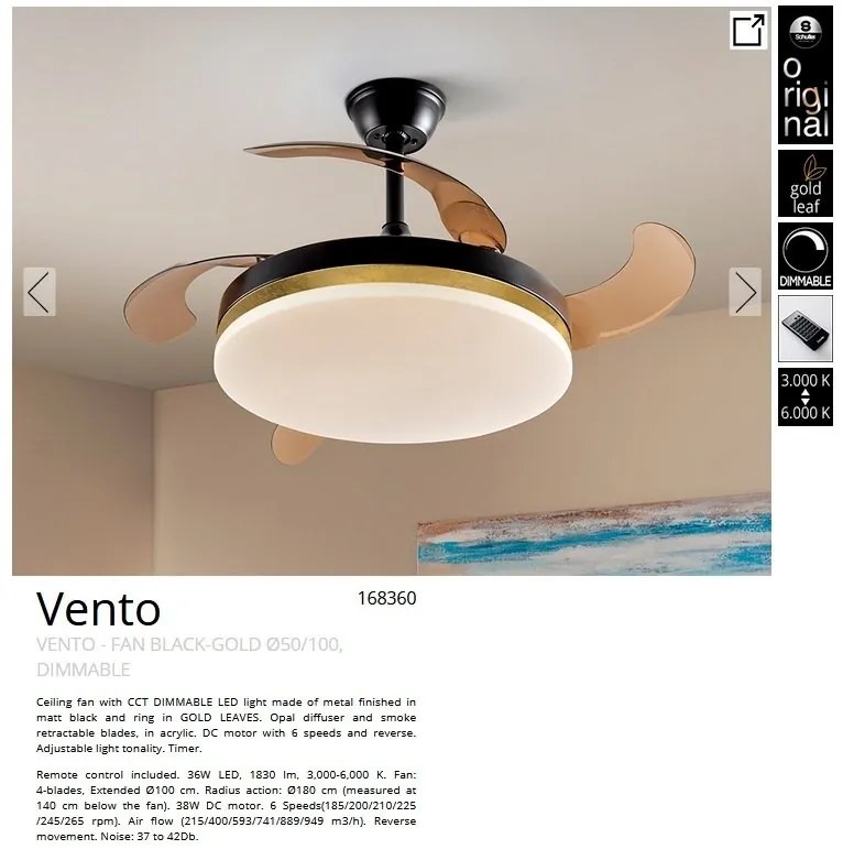 Lustra LED cu Ventilator si telecomanda, lame retractabile Vento negru/auriu