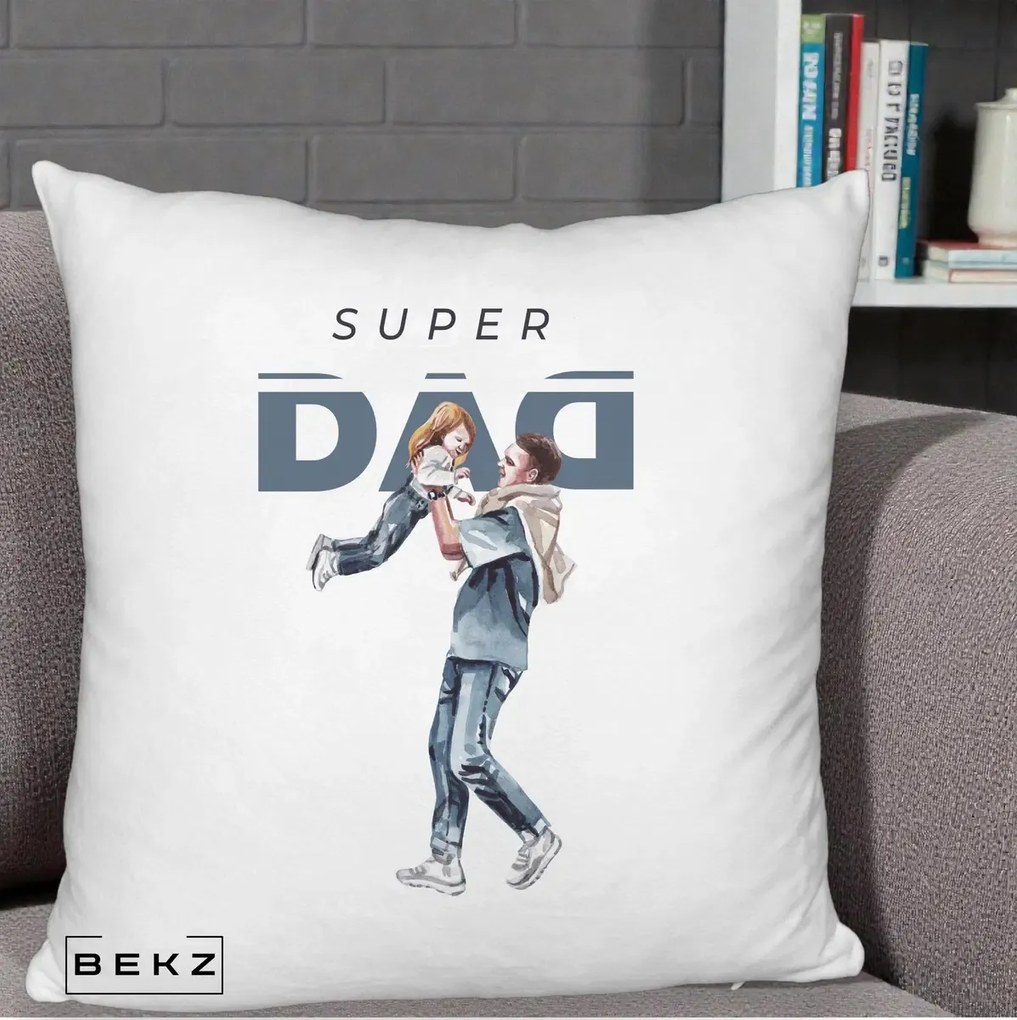 Cadou pentru Tata - Perna Personalizata Super DAD Tata si Fiica, 40x40 cm, Alb Pufos, Husa Detasabila, Perna Inclusa, BEKZ®