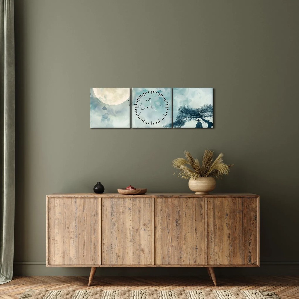 Tablou - Pictură cu lună plină (cu ceas) (90x30 cm)