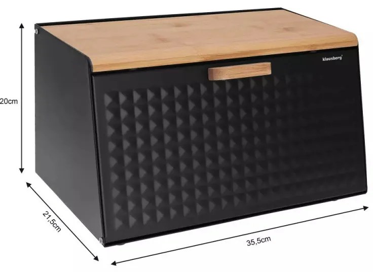 Cutie pentru paine Klausberg KB 7467, 35.5 cm, Otel, Bambus, Capac superior si frontal, Negru/Maro