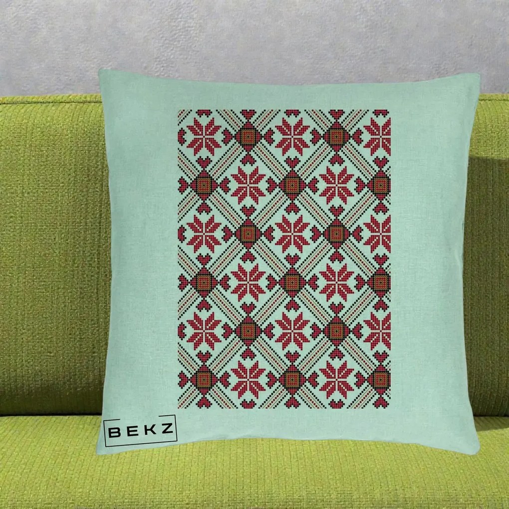 Perna Personalizata Motiv Traditional Ie Romaneasca Rosu, 40x40 cm, Verde Menta, Husa Detasabila, Perna Inclusa, BEKZ®