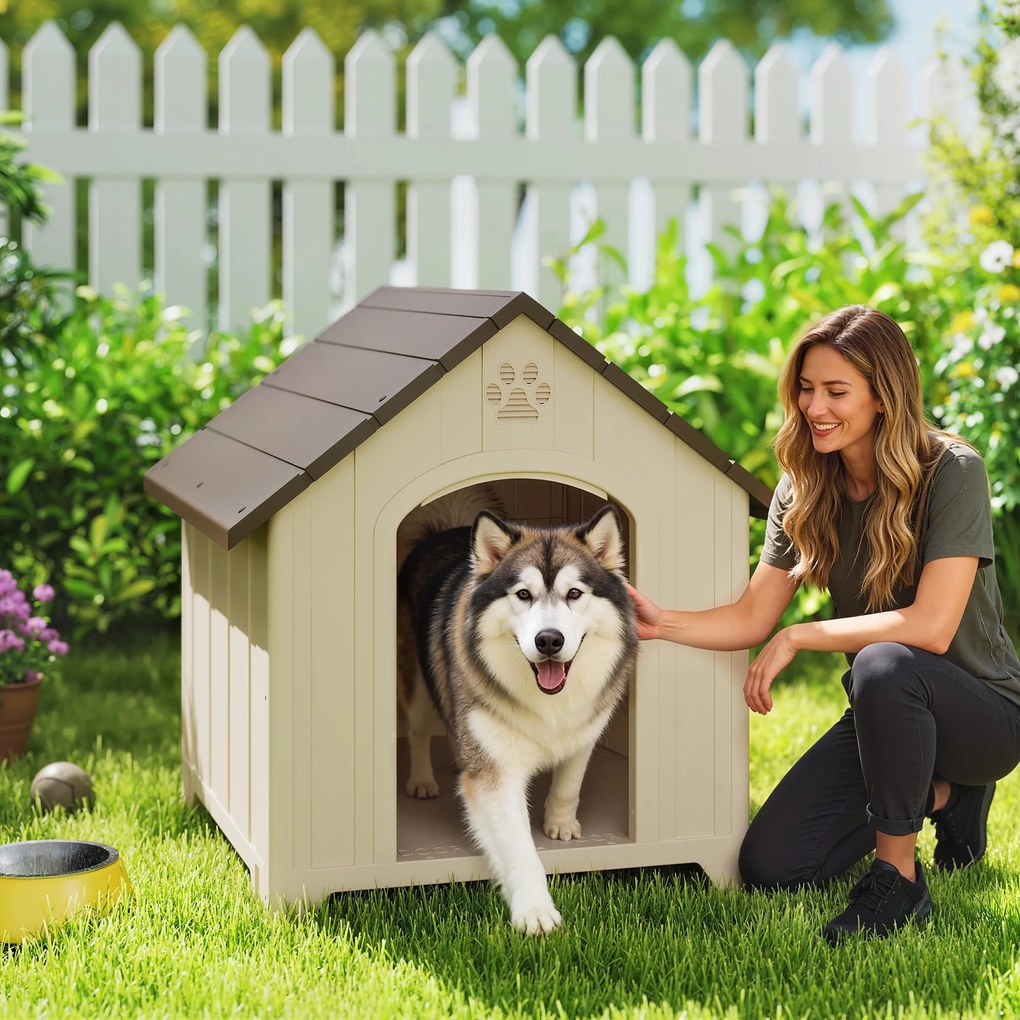 PawHut Căsuță pentru Câini de Exterior, Talie Mare și XL, Adăpost din Plastic Impermeabil cu Bază Ridicată, Ferestre și Acoperiș Înclinat pentru Grădină, Terasă, Curte, 102x94x103 cm, Bej | Aosom Romania