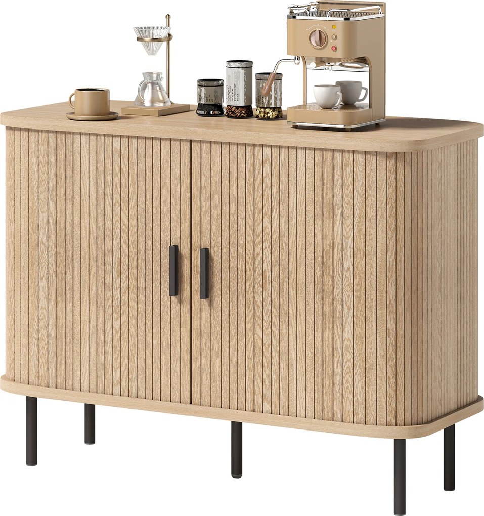 HOMCOM Bufet pentru living, corp de depozitare cu 2 uși culisante tambur cu lamele și 4 compartimente, stejar | Aosom Romania